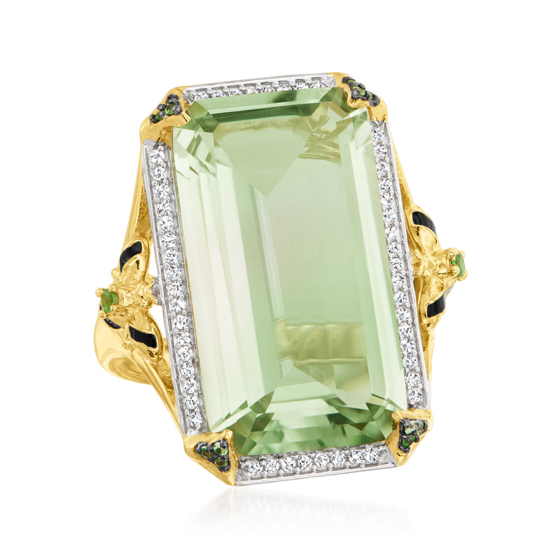 Prasiolite emerald-cut ring with white topaz border and black enamel bee mounts in gold