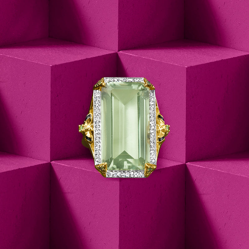 Emerald-cut prasiolite ring with white topaz frame and black enamel bee accents, gold