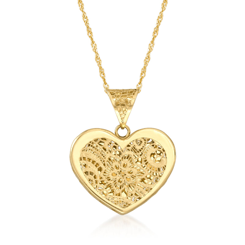 14kt yellow gold heart pendant necklace with floral filigree heart charm