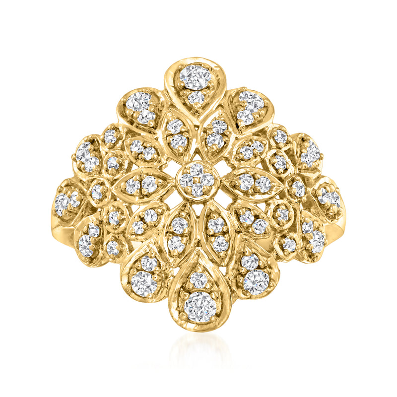 Gold over sterling diamond floral ring with round stones, 18kt gold tone