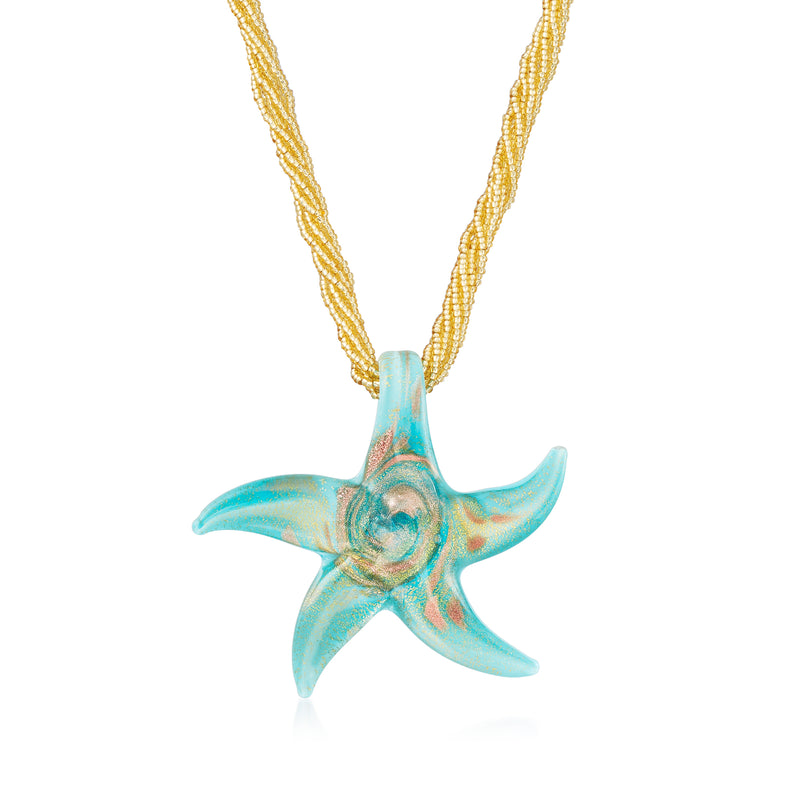 Turquoise Murano glass starfish pendant necklace with gold-tone bead chain