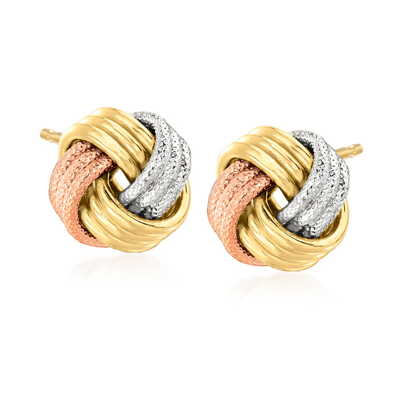 Tri-colored gold love knot post earrings with textured yellow, rose, and silver loops