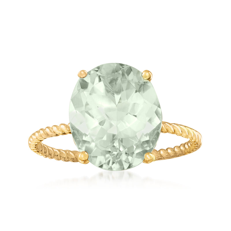 Prasiolite gemstone ring in 14kt yellow gold with round mint-green center stone