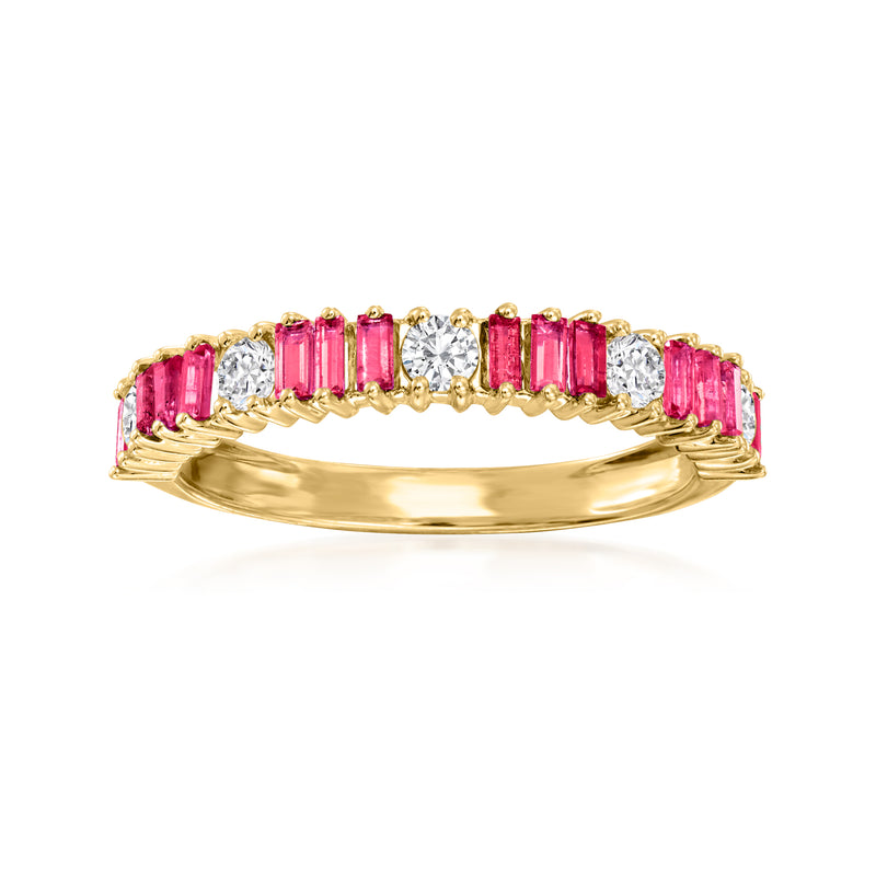 14kt yellow gold ring with pink ruby baguettes and white diamond accents