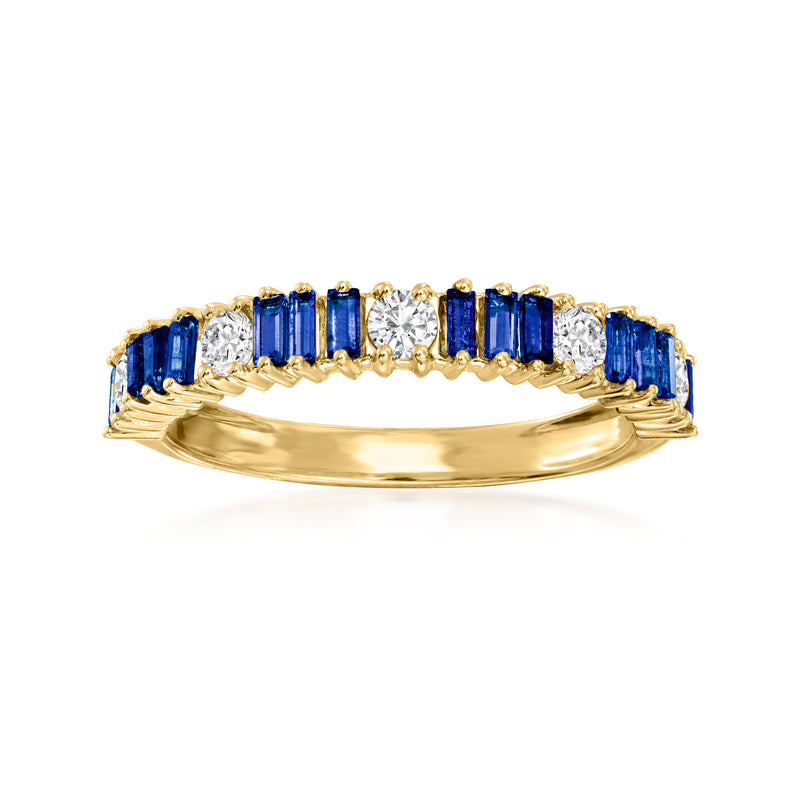 14kt yellow gold sapphire and diamond ring with blue baguette stones and white accents
