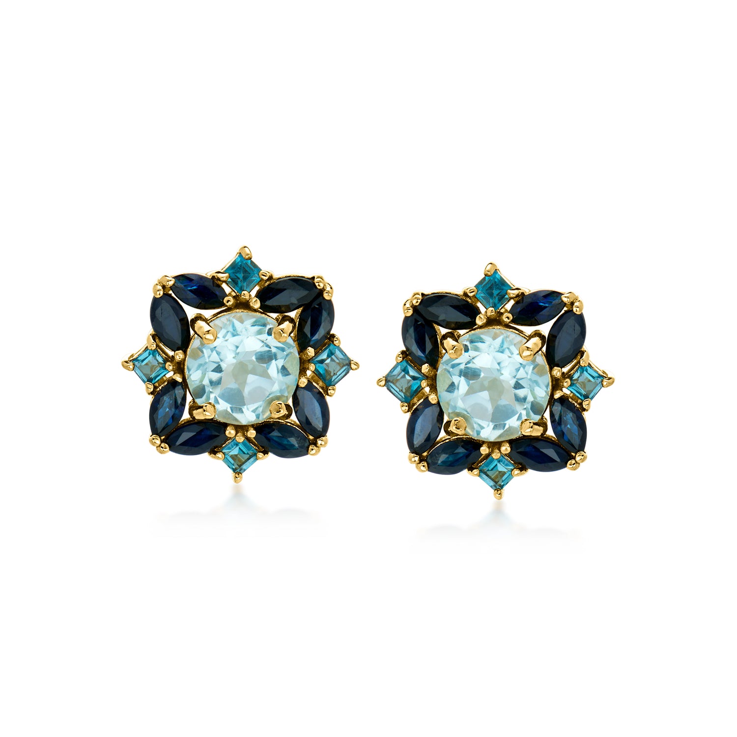3.00 ct. t.w. Sky Blue Topaz, 1.20 ct. t.w. Sapphire and .60 ct. t.w. London Blue Topaz Earrings in 18kt Gold Over Sterling
