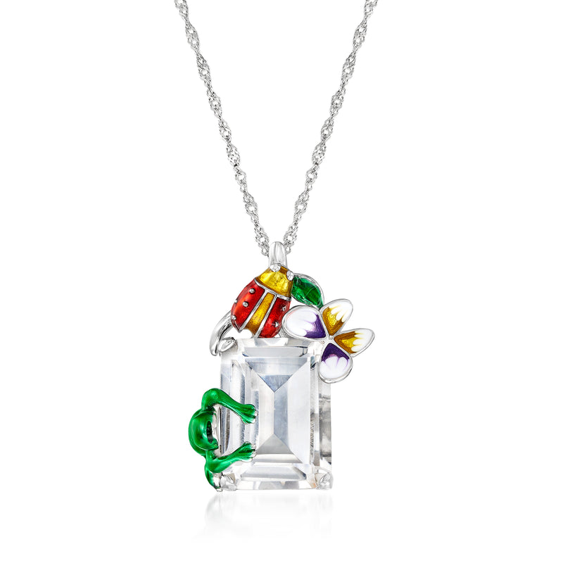 Sterling silver pendant necklace with clear rock crystal and multicolored enamel details