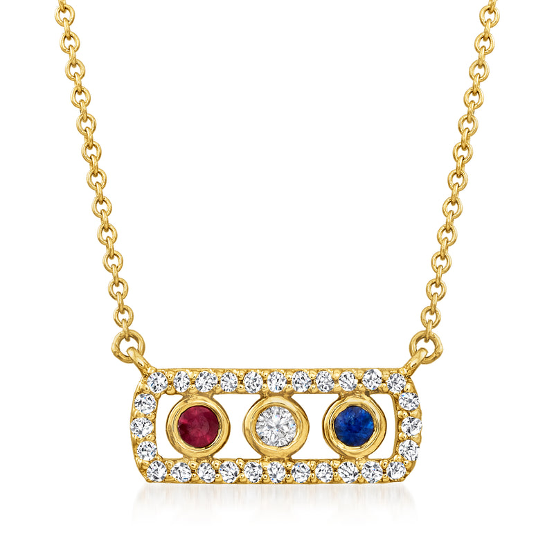 14kt yellow gold bar necklace with diamond frame and red, clear, blue round gems