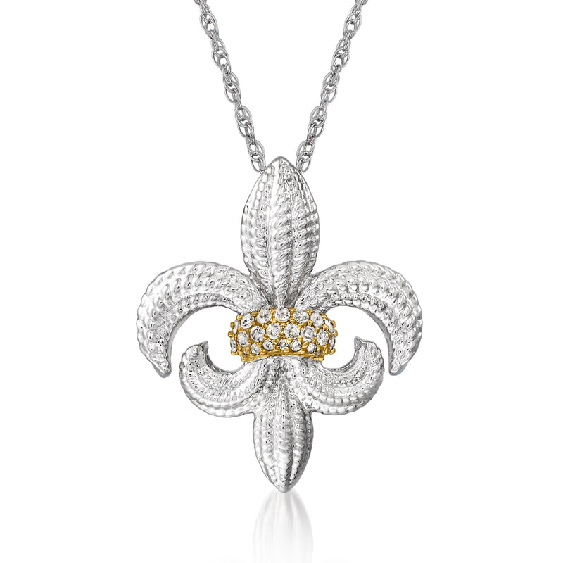 Fleur-de-lis pendant necklace in sterling silver with diamond and yellow gold accent