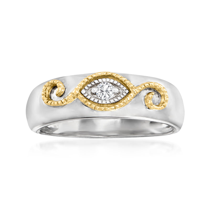 Sterling silver ring with yellow gold scrollwork and diamond halo center.