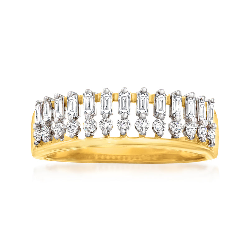 14kt yellow gold diamond ring with baguette and round stones, prong-set