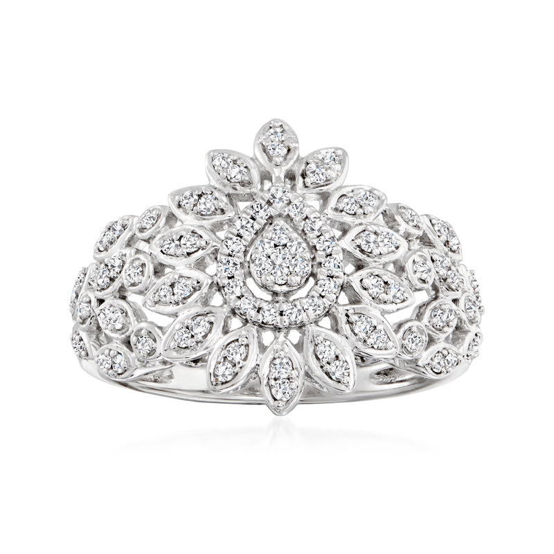 Floral diamond ring in sterling silver with round center stone and teardrop accents