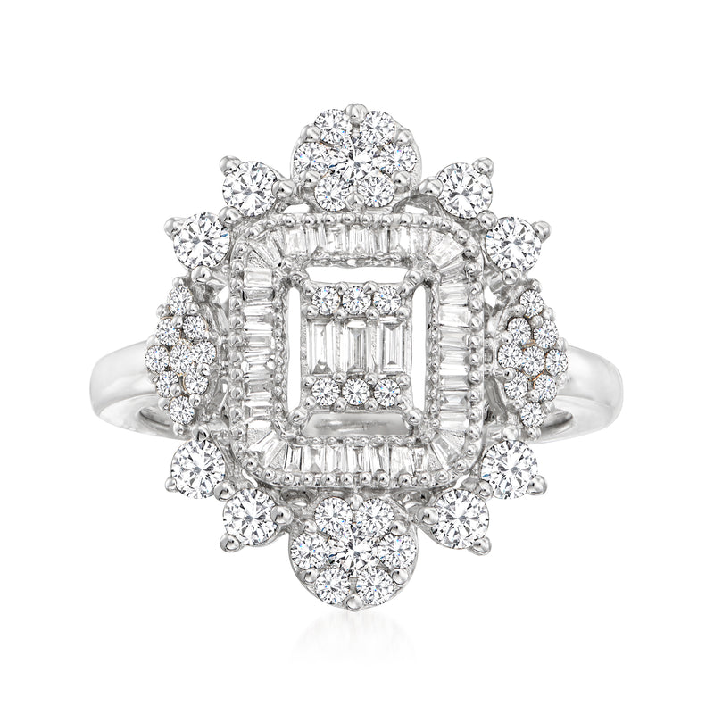 Diamond cluster ring in 14kt white gold with square emerald-cut center and round halo