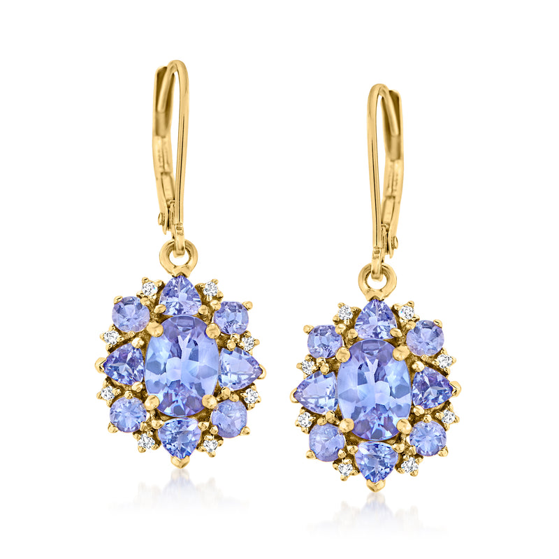 14kt yellow gold leverback drop earrings with oval blue tanzanite and diamond halo