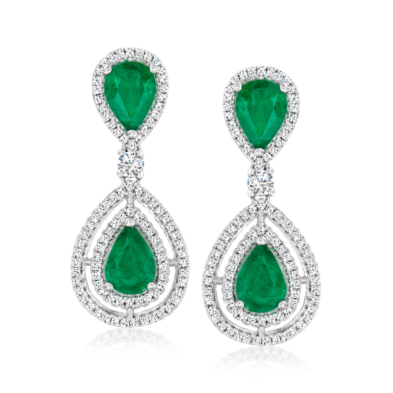 Emerald-green drop earrings in 14kt white gold with pear-cut diamond halos, teardrop dangles