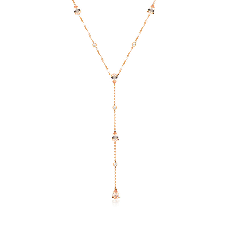 Y-necklace in 14kt rose gold with morganite center and diamond accents, long drop