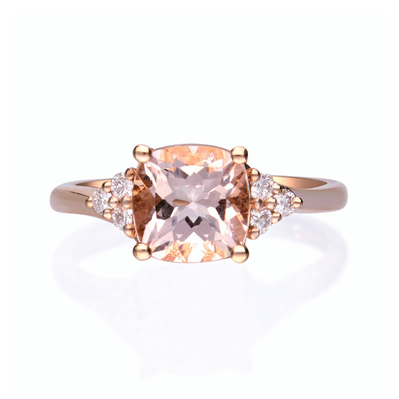14kt rose gold ring with cushion-cut morganite center and small diamond accents