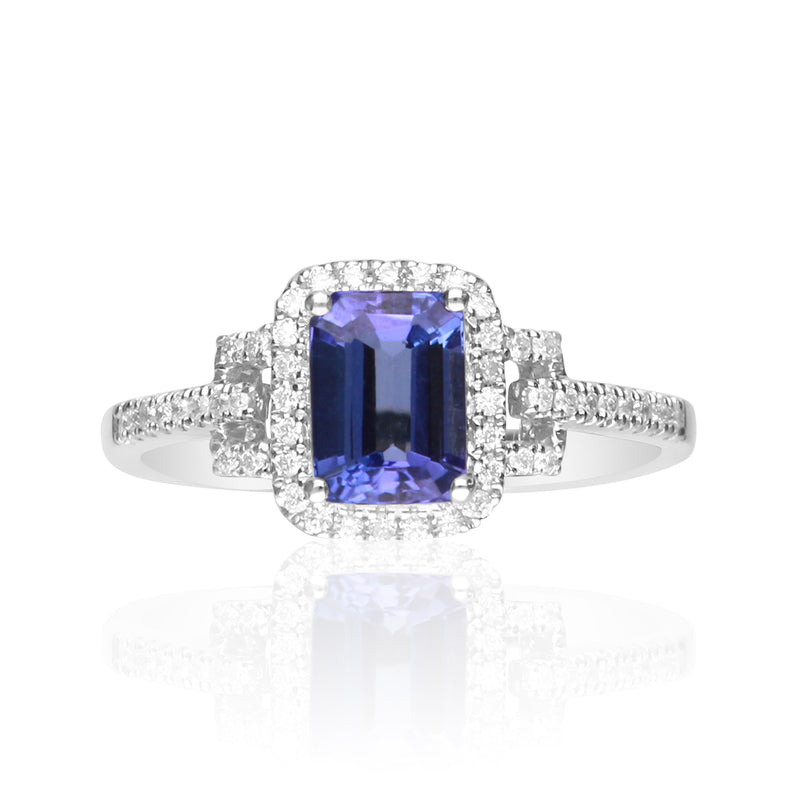 14kt white gold ring with cushion tanzanite center and diamond halo, prong-set