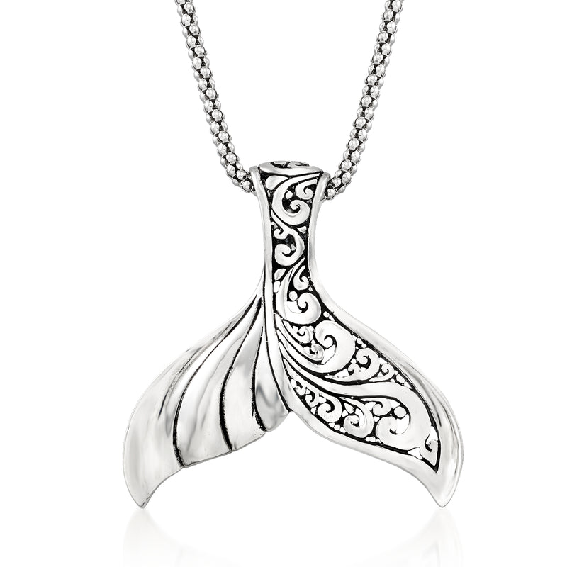 Sterling silver whale tail pendant necklace with filigree, on link chain.