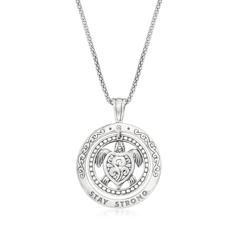Sterling silver turtle pendant necklace, round medallion with 'Stay Strong' text