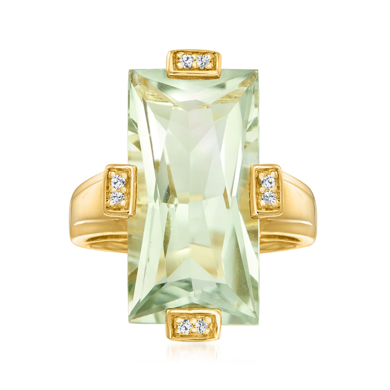 Gold-tone ring with light-green rectangular prasiolite and white sapphire square accents