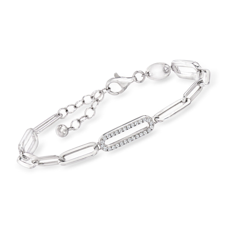 Sterling silver CZ paper clip link bracelet with extender chain