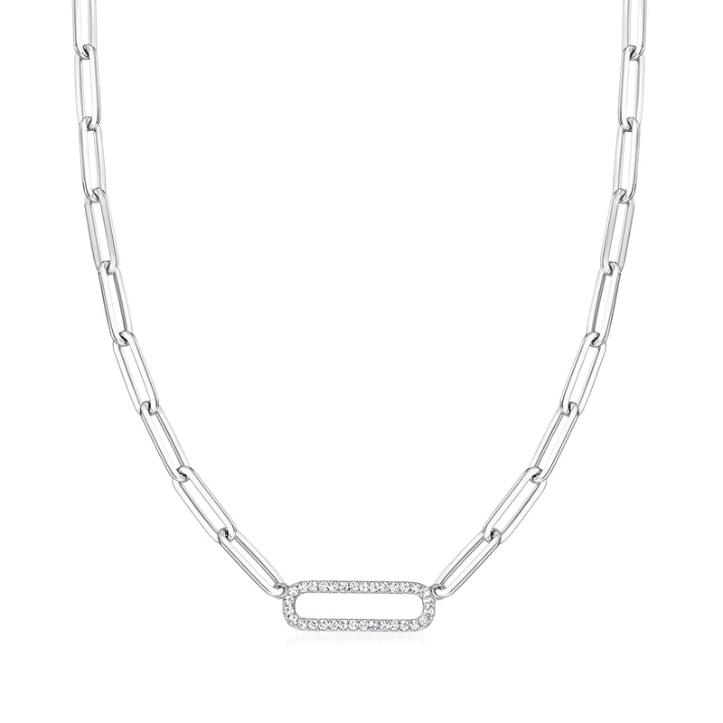 Sterling silver paper clip link necklace with rectangular CZ detail