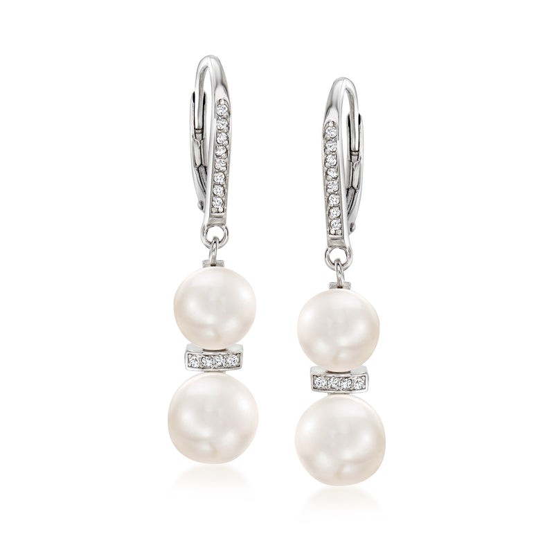 Sterling silver leverback earrings with two cultured pearl drops and diamond accents