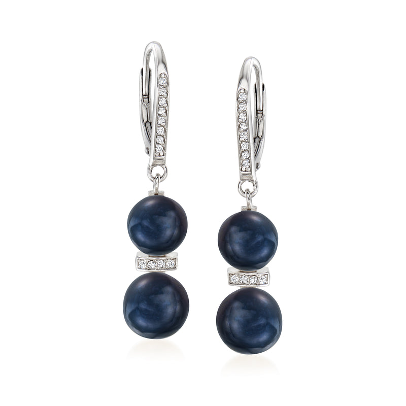 Sterling silver leverback drop earrings with dark cultured pearls and diamond accents