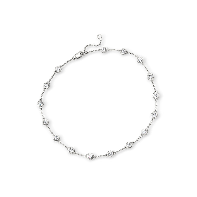 Sterling silver diamond station anklet with small round gemstone stations and clasp