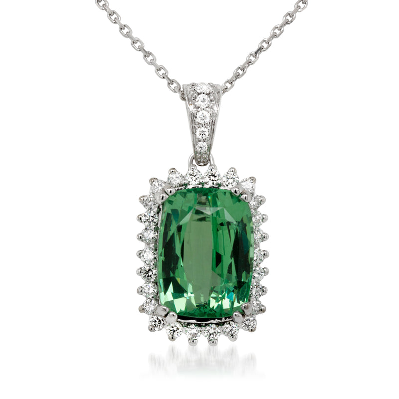 Tsavorite and diamond pendant necklace in white gold, green emerald-cut stone with diamond halo