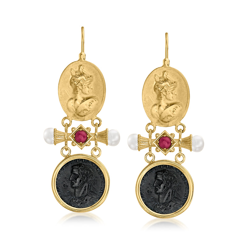 Gold drop earrings with purple ruby center, white pearls, black onyx medallion and earwire