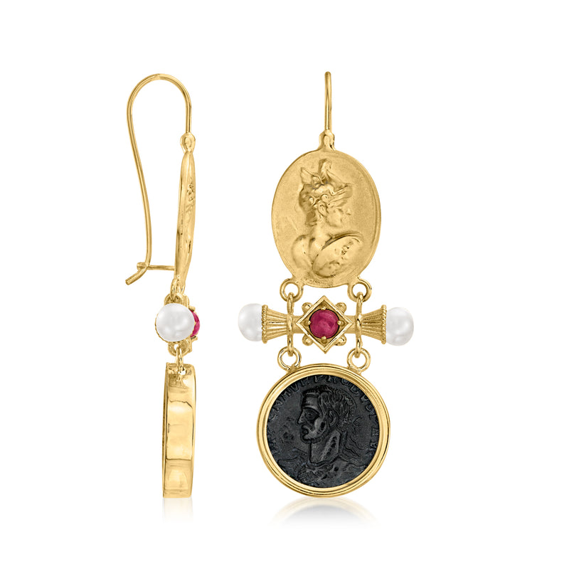 Gold earwire drop earring with purple ruby, white pearls, black round onyx disc