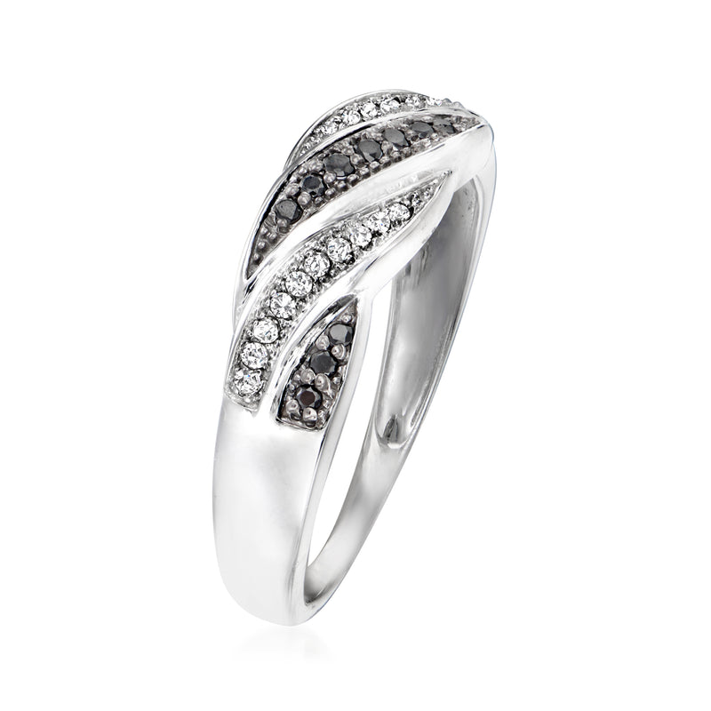 Sterling silver twisted ring with black and white diamond accents