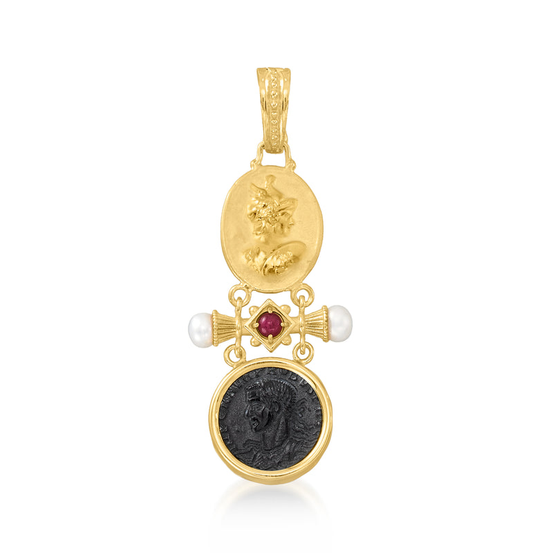 Gold-toned cameo pendant with carved black onyx, red ruby center, and cultured pearls