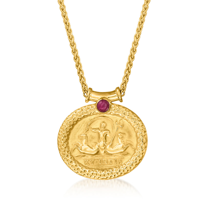 18kt gold over sterling cameo-style pendant necklace with ruby-red oval cabochon