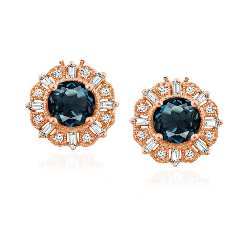 14kt rose gold blue topaz halo stud earrings with diamond accents, round center stone