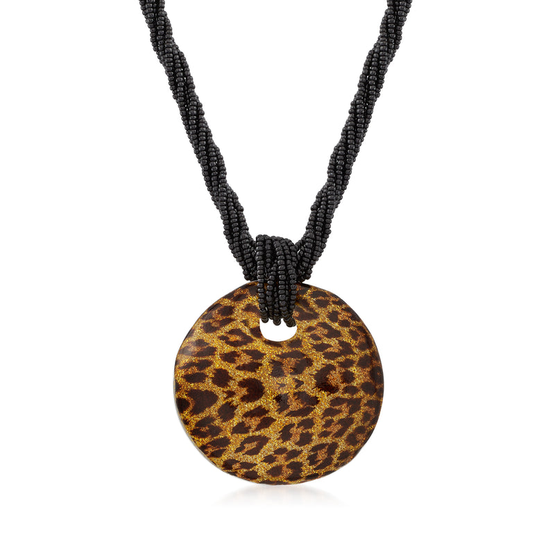 Leopard-print Murano glass pendant necklace with black beaded cord and round gold-toned disc