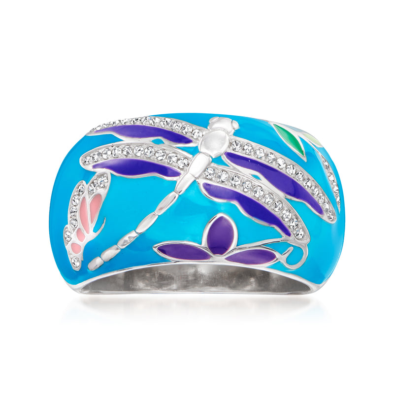 Sterling silver dragonfly ring with blue, purple, and green enamel and crystal accents