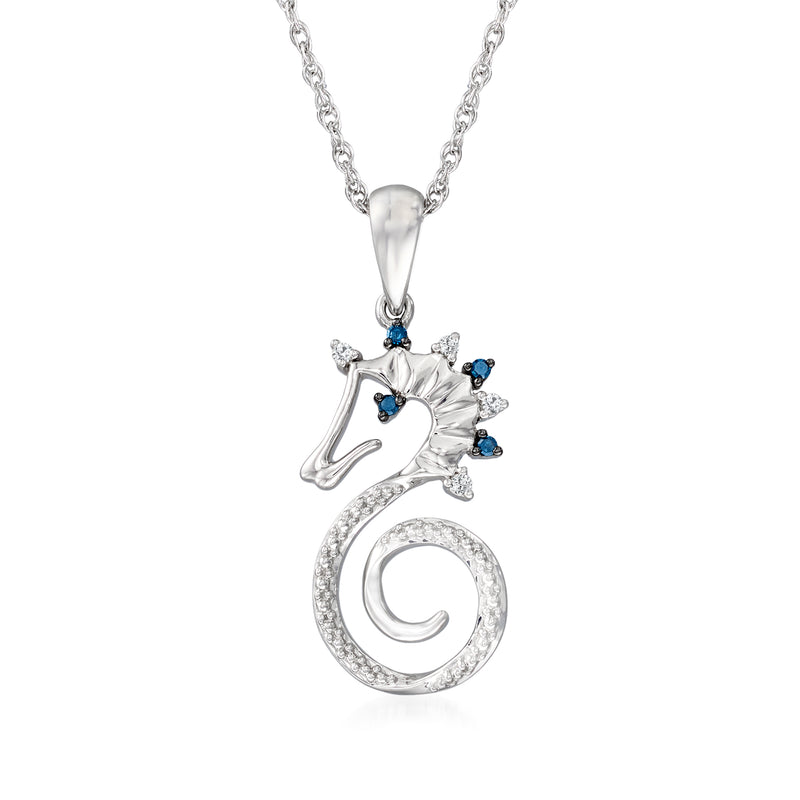Sterling silver seahorse pendant necklace with blue and white stone accents
