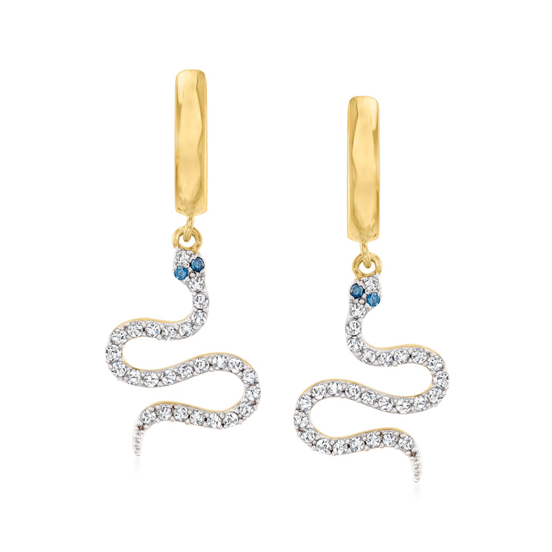 Gold hoop drop earrings with diamond snake design and blue stone accents
