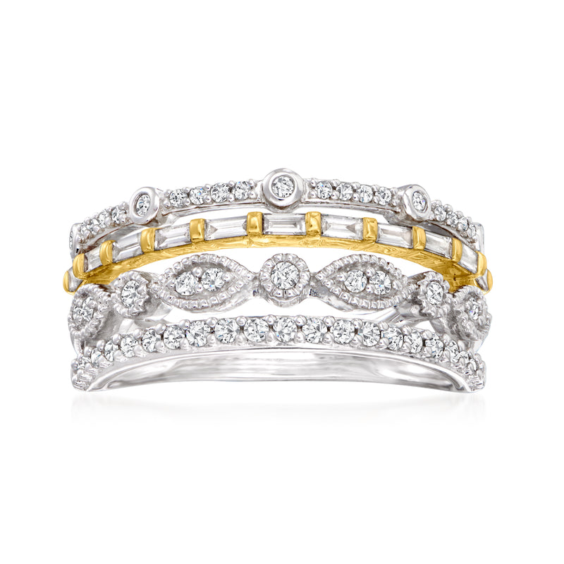 Two-tone sterling silver diamond ring with round stones and gold-tone center accents