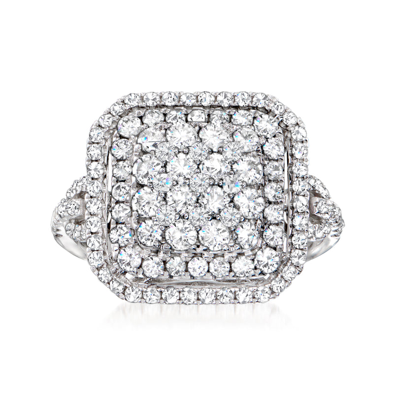 14kt white gold diamond square cluster ring with round stones, halo setting