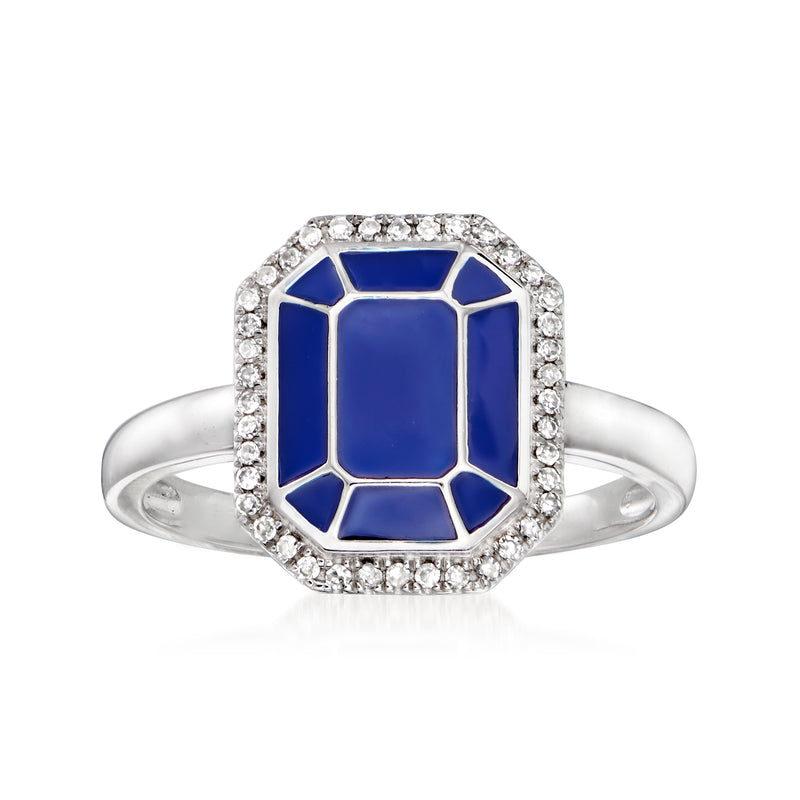 Sterling silver ring with square blue enamel center and diamond halo