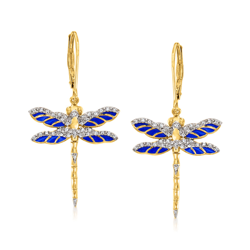 18kt gold over sterling dragonfly drop earrings, blue enamel wings with crystal sparkle, leverback