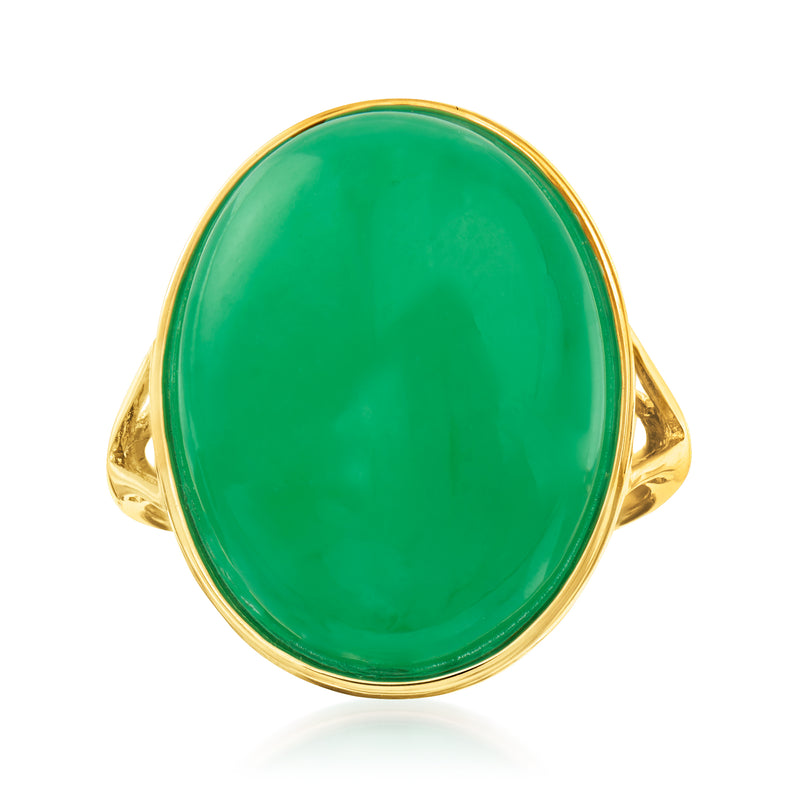 Oval jade-green gemstone ring set in 14k yellow gold with open sides