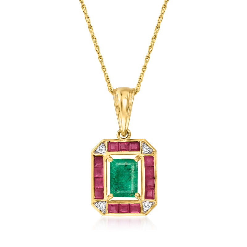 14kt yellow gold pendant necklace with emerald-cut green center, ruby sides, diamond frame