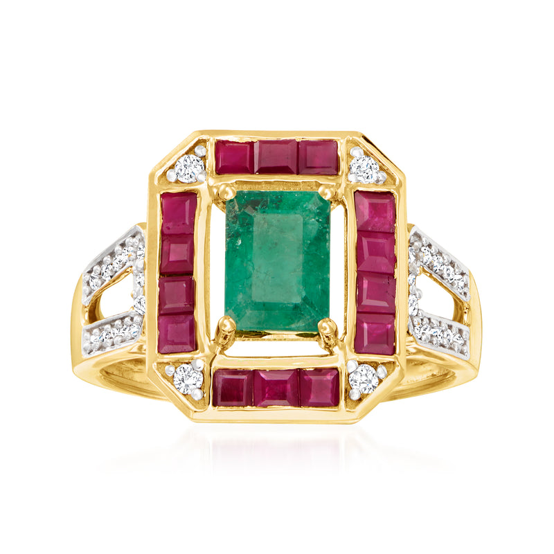 14kt yellow gold ring with green emerald center, purple ruby sides, diamond accents