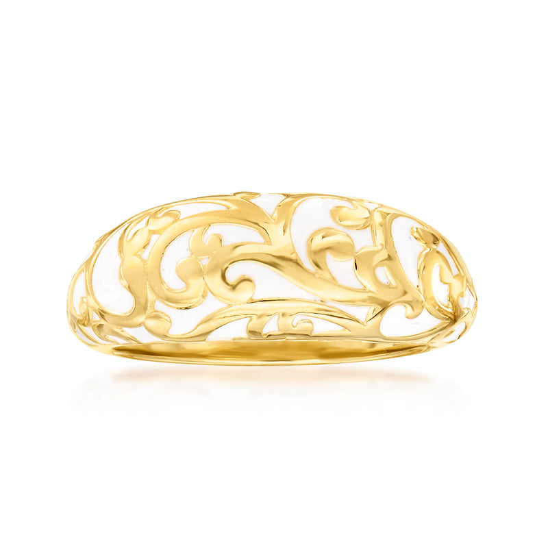 Gold dome ring with detailed scrollwork engraving and polished band