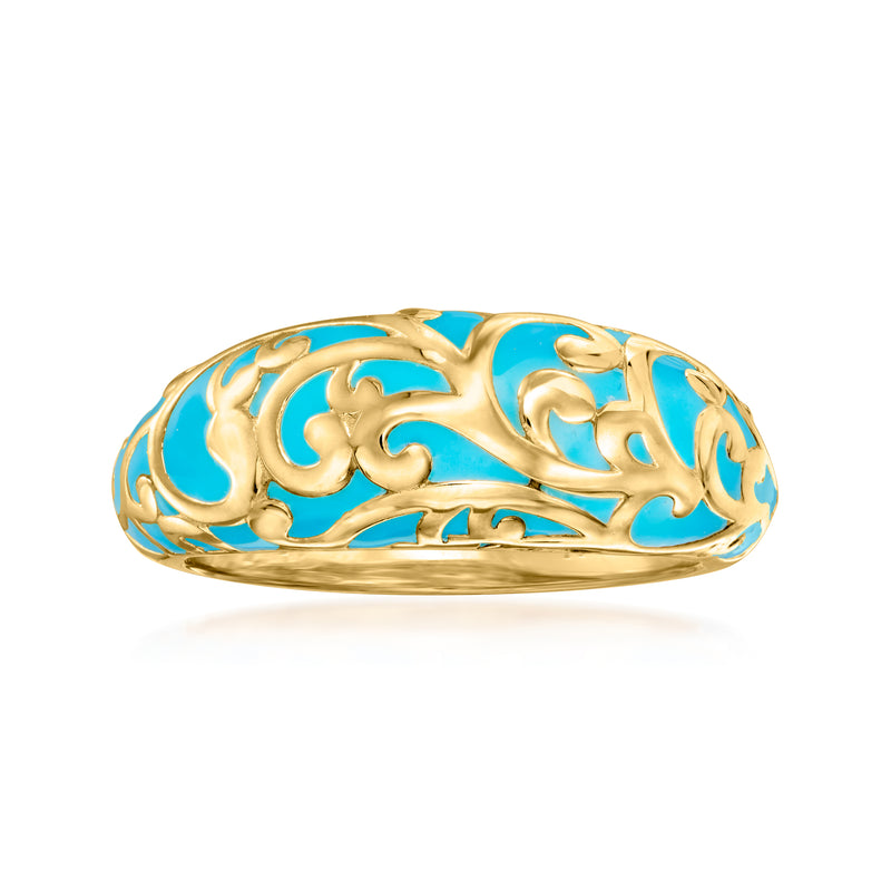 18kt gold dome ring with turquoise enamel scrollwork